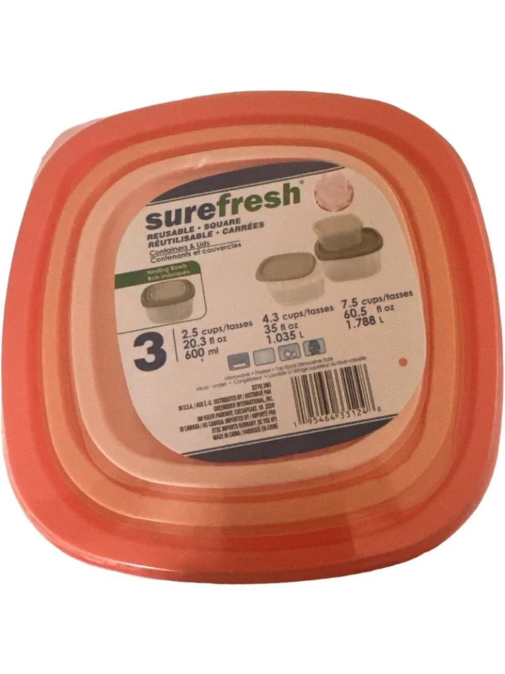Sure Fresh 3 Pack Reusable Square Containers With Lid Coral Orange new
